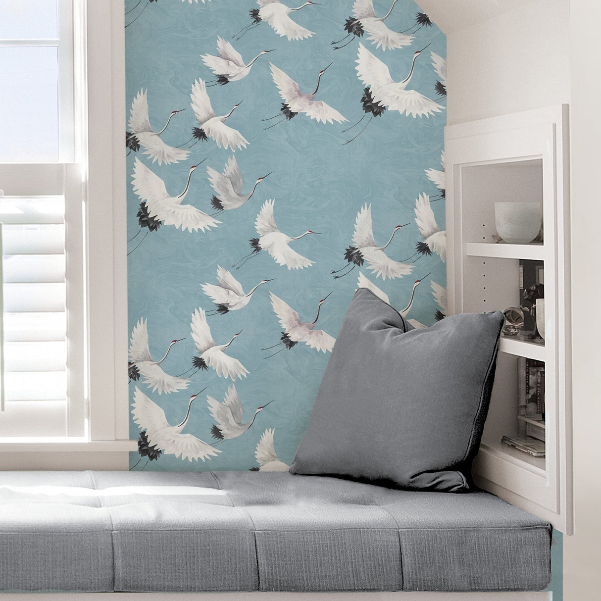 Halcyon Blue Peel & Stick Wallpaper with Hand-Painted Crane Pattern - NuWallpaper NU2680