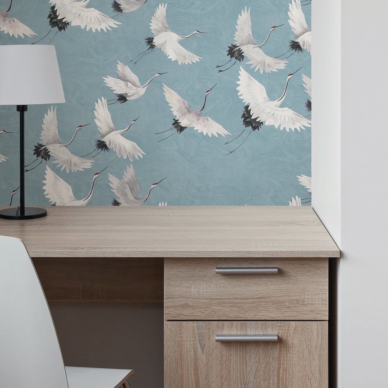 Halcyon Blue Peel & Stick Wallpaper with Hand-Painted Crane Pattern - NuWallpaper NU2680