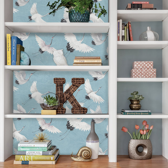 Halcyon Blue Peel & Stick Wallpaper with Hand-Painted Crane Pattern - NuWallpaper NU2680
