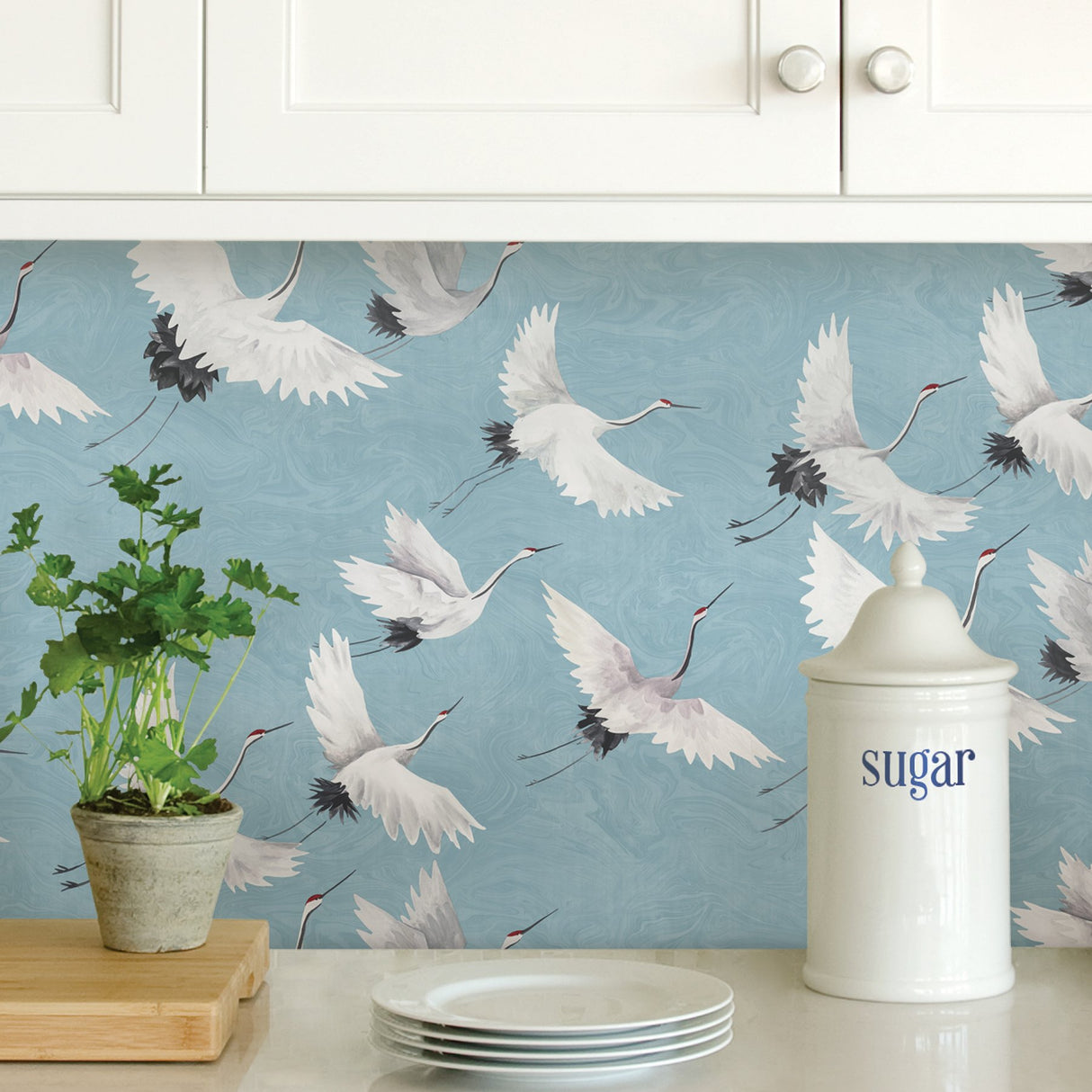 Halcyon Blue Peel & Stick Wallpaper with Hand-Painted Crane Pattern - NuWallpaper NU2680