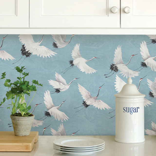 Halcyon Blue Peel & Stick Wallpaper with Hand-Painted Crane Pattern - NuWallpaper NU2680