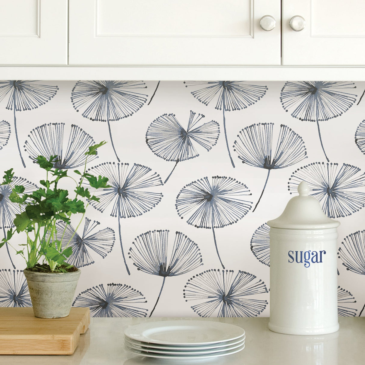 Aya White Peel & Stick Wallpaper with Navy Botanical Motif - NuWallpaper NU2683