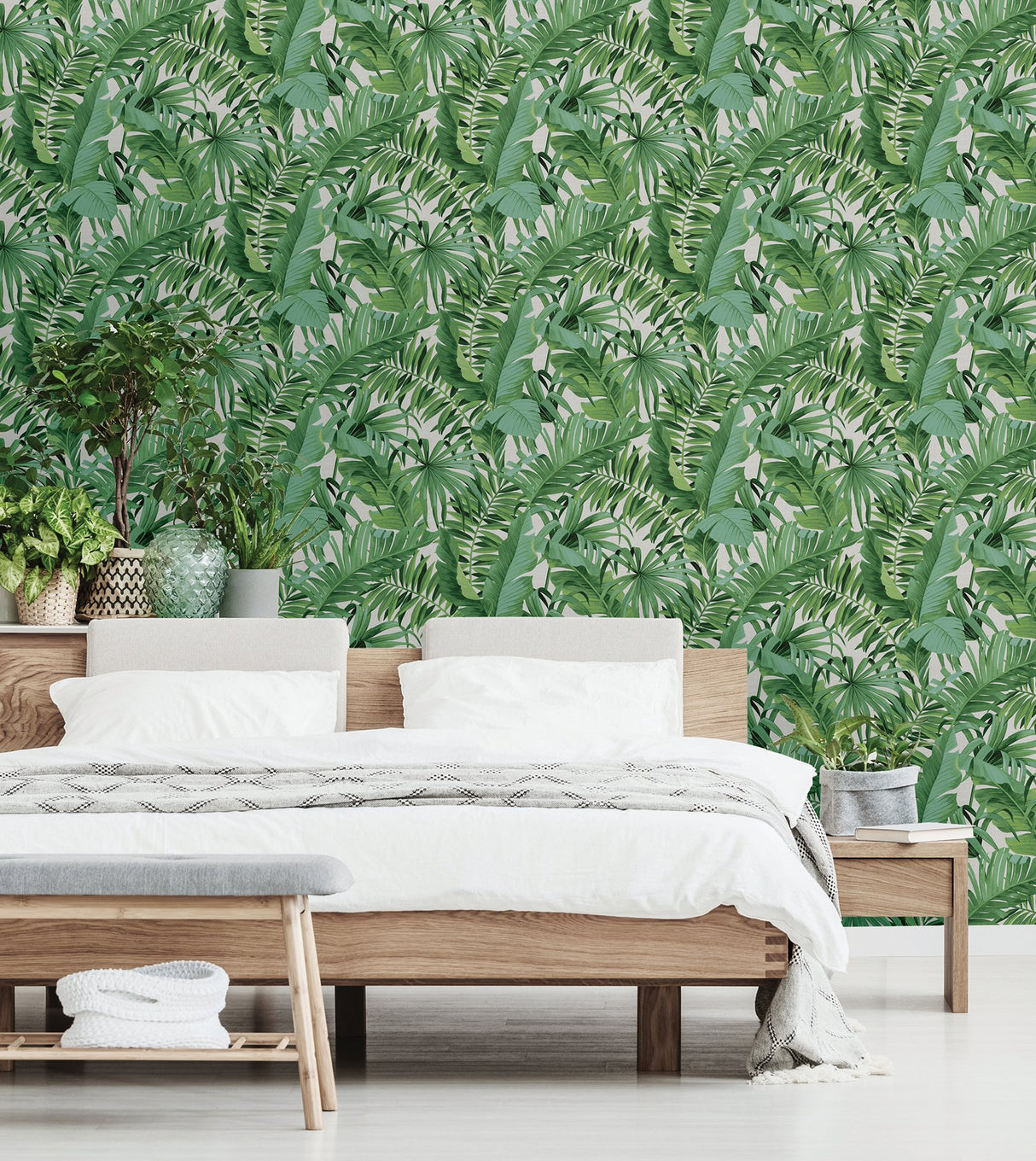 Maui Green Peel & Stick Wallpaper with Tropical Palm and Banana Leaf Motif - NuWallpaper NU2906