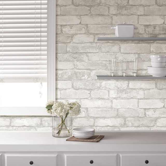 Brick Grey & White Peel & Stick Wallpaper with Rustic Faux Brick Pattern - NuWallpaper NU1653