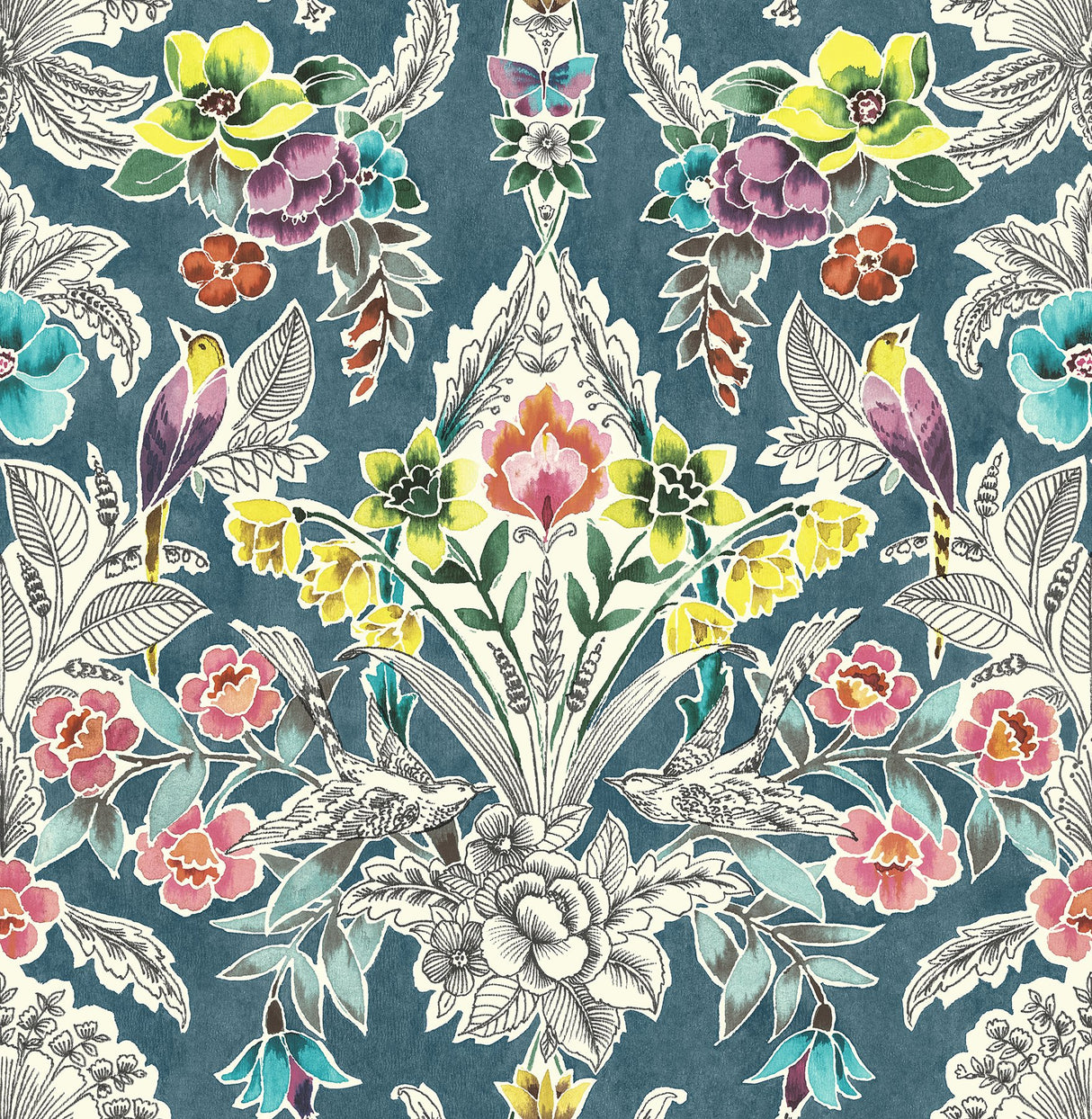 Summer Love Teal Peel & Stick Wallpaper with Botanical Damask, Modern Floral Pattern - NuWallpaper NU3037
