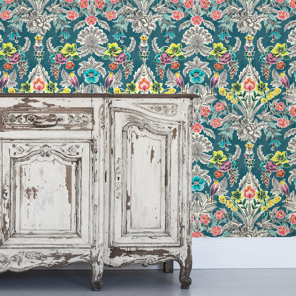 Summer Love Teal Peel & Stick Wallpaper with Botanical Damask, Modern Floral Pattern - NuWallpaper NU3037