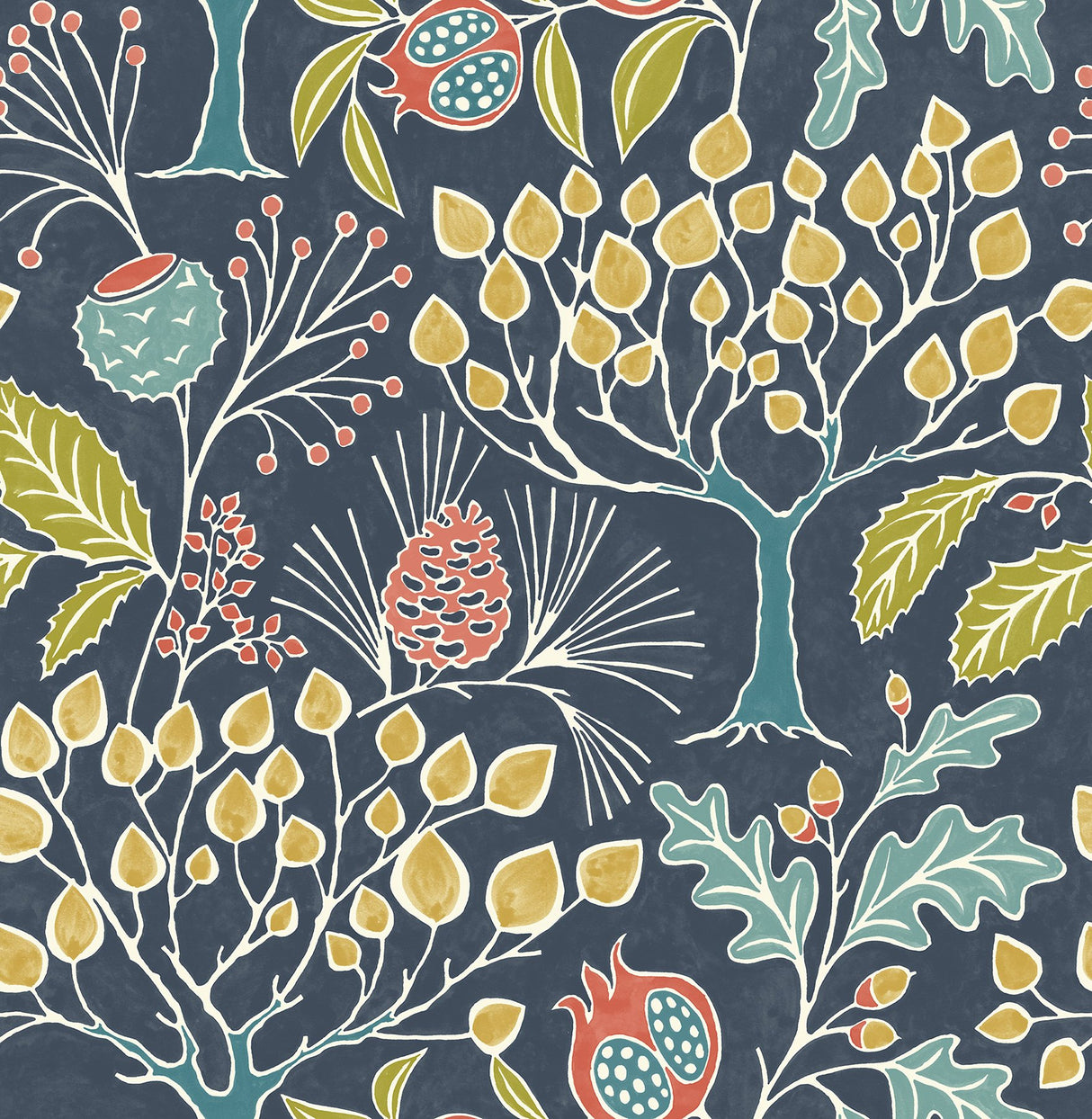 Groovy Garden Navy Peel & Stick Wallpaper with Vintage Woodland Botanical Pattern - NuWallpaper NU3038