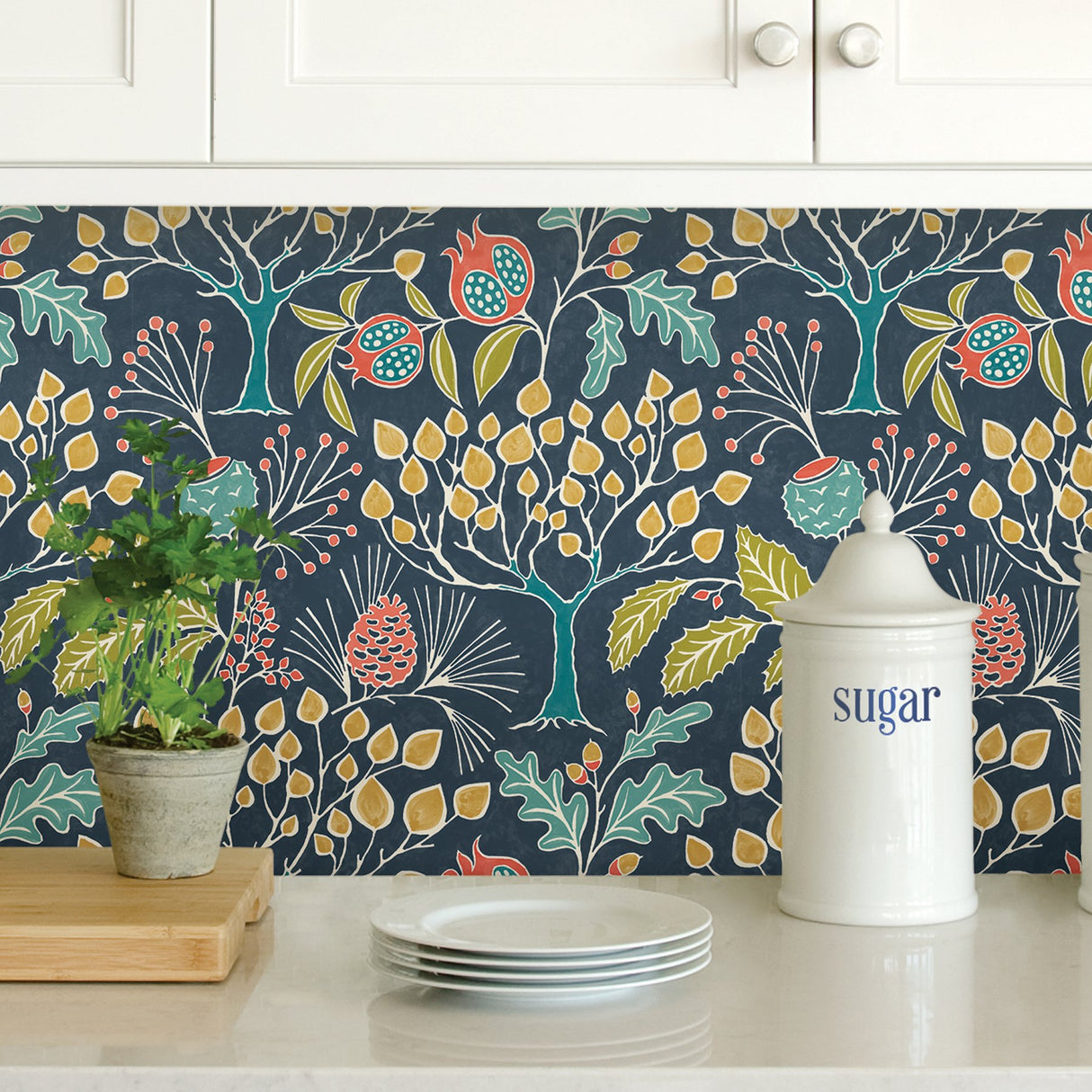 Groovy Garden Navy Peel & Stick Wallpaper with Vintage Woodland Botanical Pattern - NuWallpaper NU3038