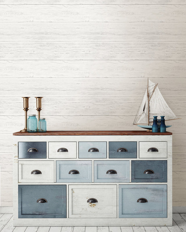 Shiplap Off White Peel & Stick Wallpaper with Distressed Wood Plank Pattern - NuWallpaper NU2187