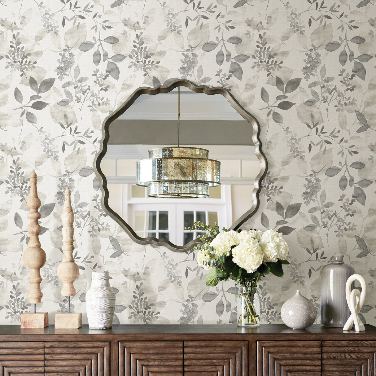 Breezy Grey Peel & Stick Wallpaper with Watercolor Leaf Botanical Pattern - NuWallpaper NU3138
