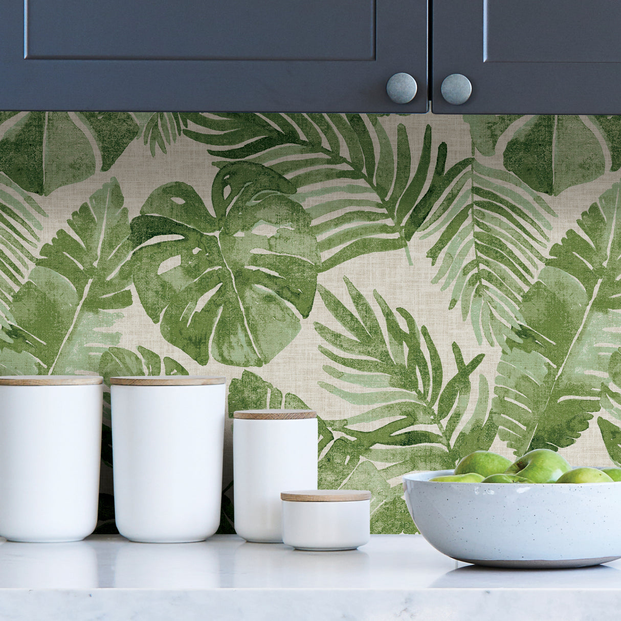 Tortola Green and Off-White Watercolor Tropical Botanical Monstera and Palm Leaf Peel and Stick Wallpaper by NuWallpaper - NU3670