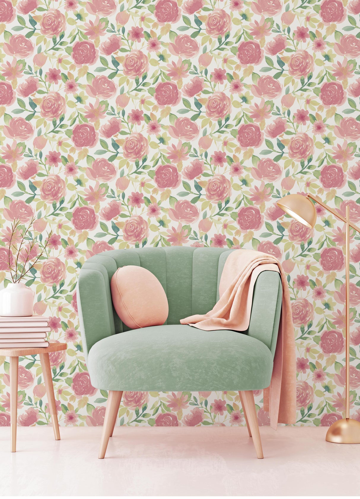 Pink Audrey Pink Large Scale Watercolor Botanical Rose Floral Peel and Stick Removable Wallpaper by NuWallpaper WallPops - NU6006
