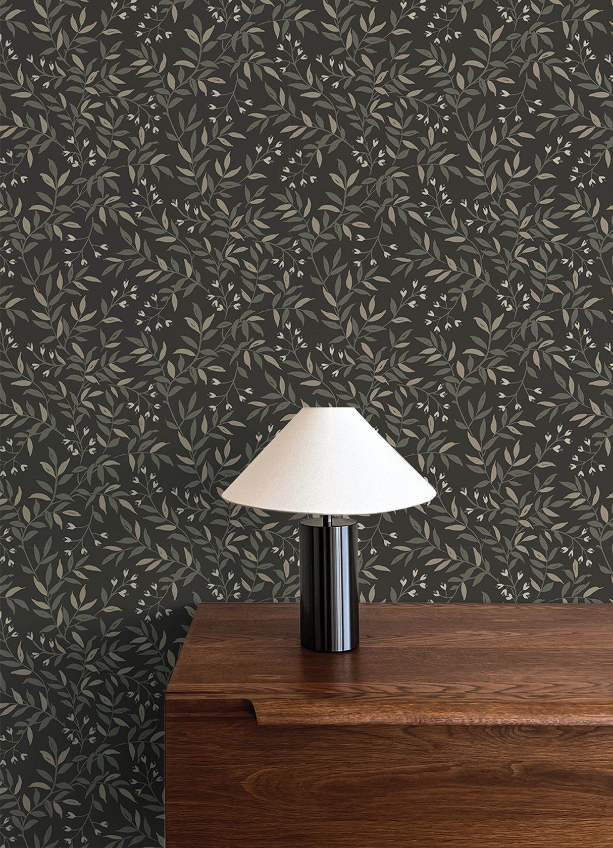 Olivia Moody Black Botanical Vine and Small White Floral Peel and Stick Removable Wallpaper by NuWallpaper WallPops Collection - NU6431