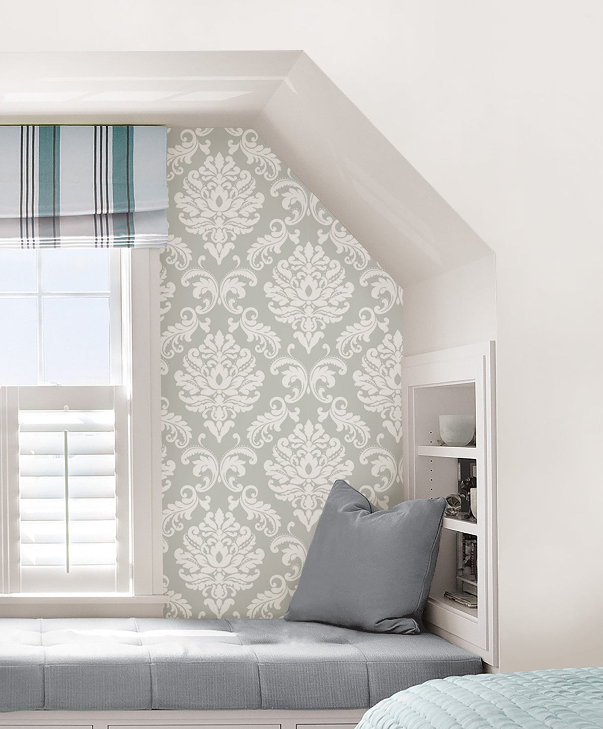 Ariel Grey Damask Peel & Stick Wallpaper - NuWallpaper NUS1935