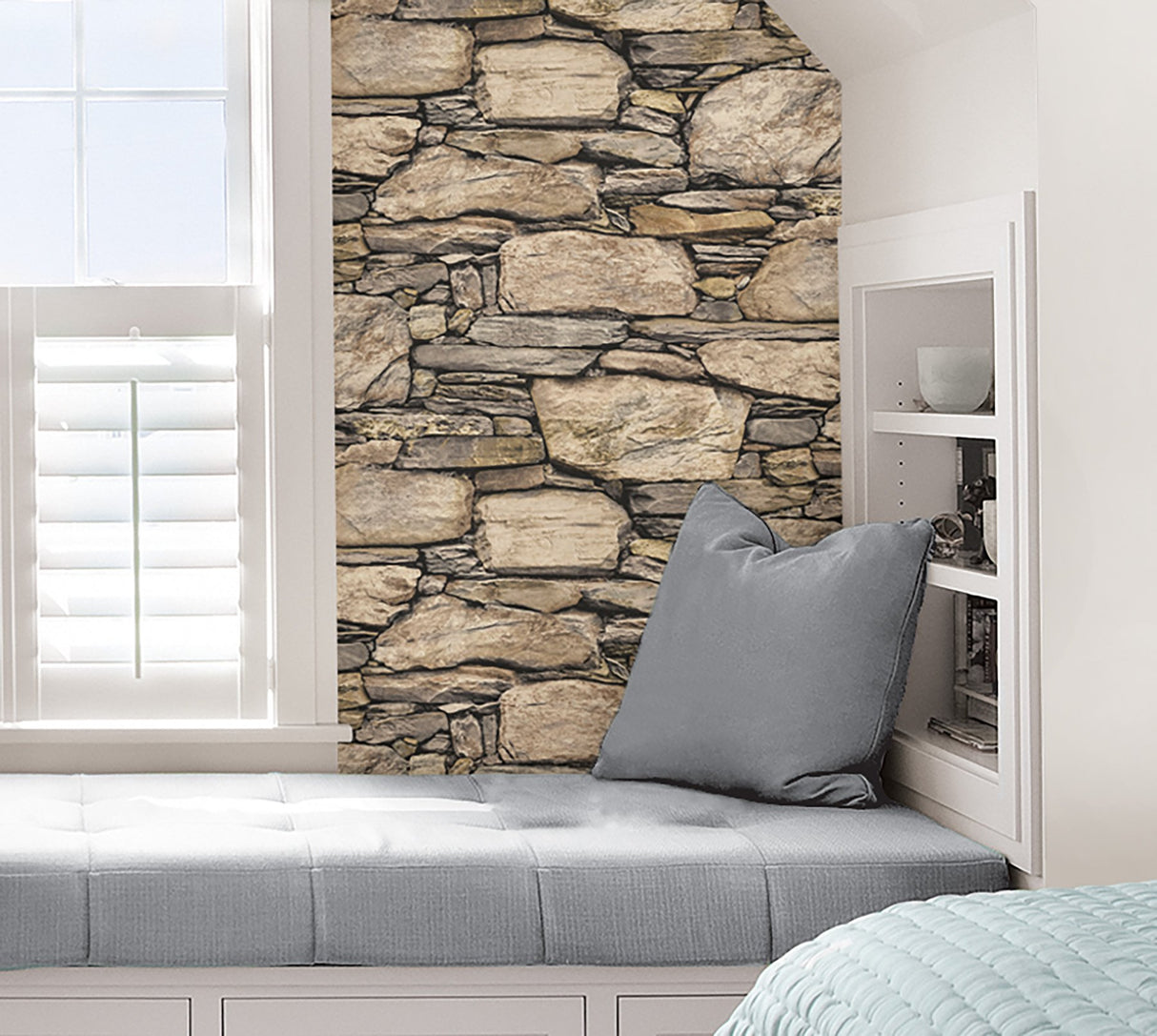 Hadrian Stone Brown Peel & Stick Wallpaper with Stone Wall Graphic Pattern - NuWallpaper NU2065