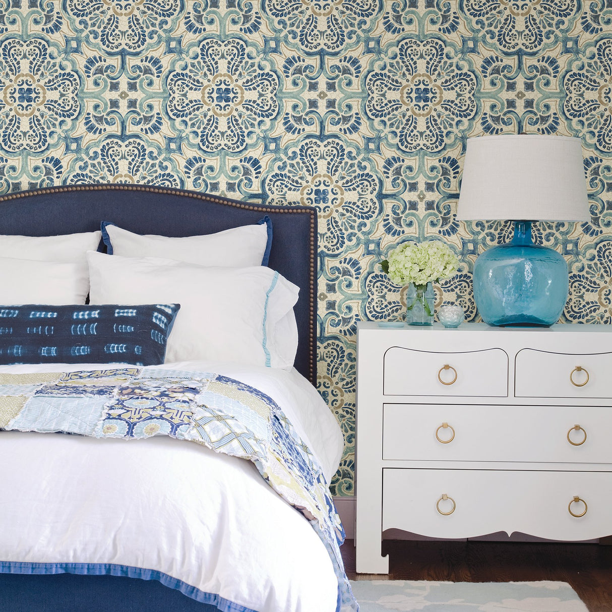 Florentine Tile Blue Peel & Stick Wallpaper with Floral Tile Motif - NuWallpaper NU2235