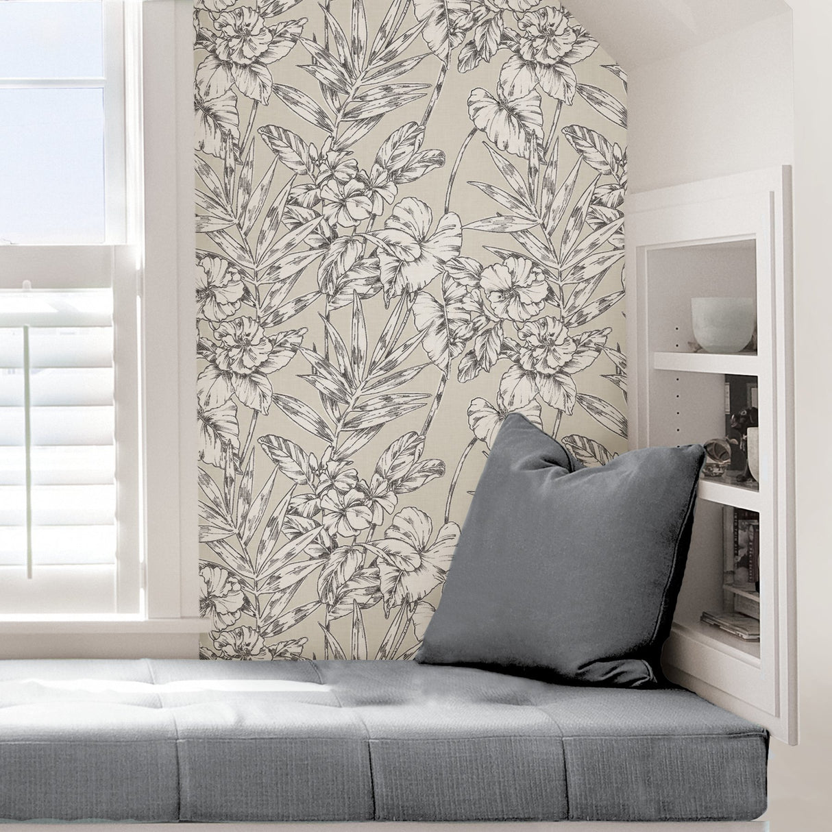 Cayman Grey Peel & Stick Wallpaper with Botanical Floral Pattern - NuWallpaper NUS3145