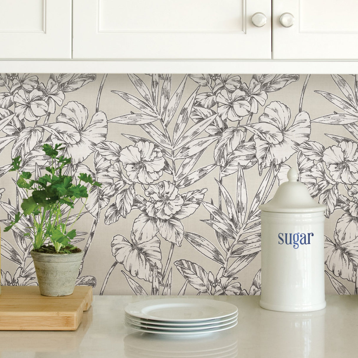 Cayman Grey Peel & Stick Wallpaper with Botanical Floral Pattern - NuWallpaper NUS3145