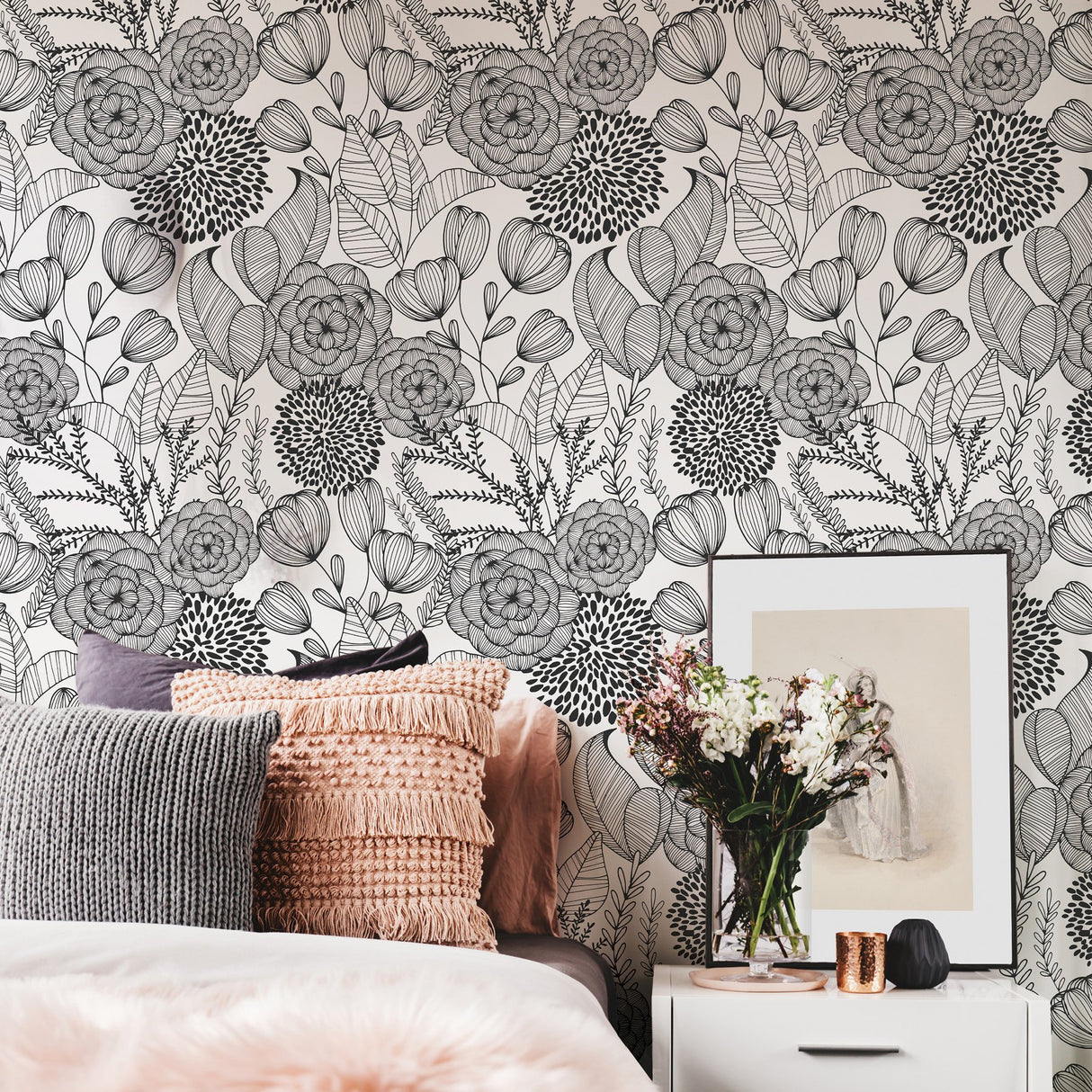 Secret Garden Black Peel & Stick Wallpaper with Whimsical Botanical Floral Pattern - NuWallpaper NUS3501