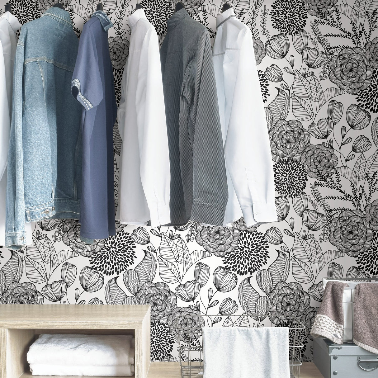 Secret Garden Black Peel & Stick Wallpaper with Whimsical Botanical Floral Pattern - NuWallpaper NUS3501