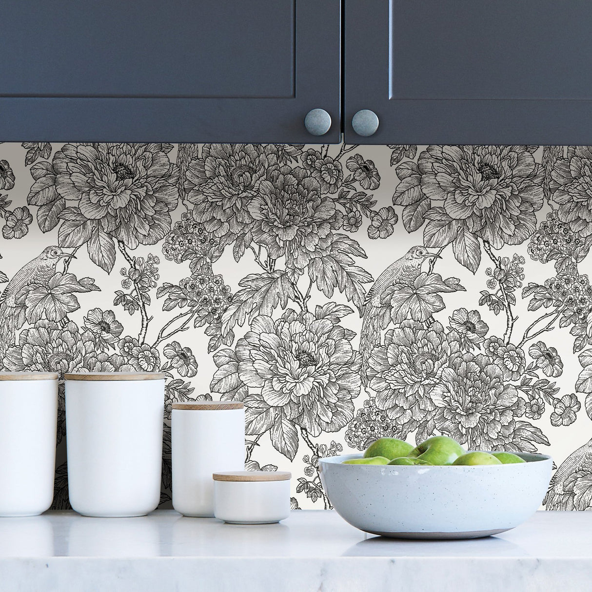 Sudbury Black & White Peel & Stick Wallpaper with Vintage Floral Pattern - NuWallpaper NUS3544