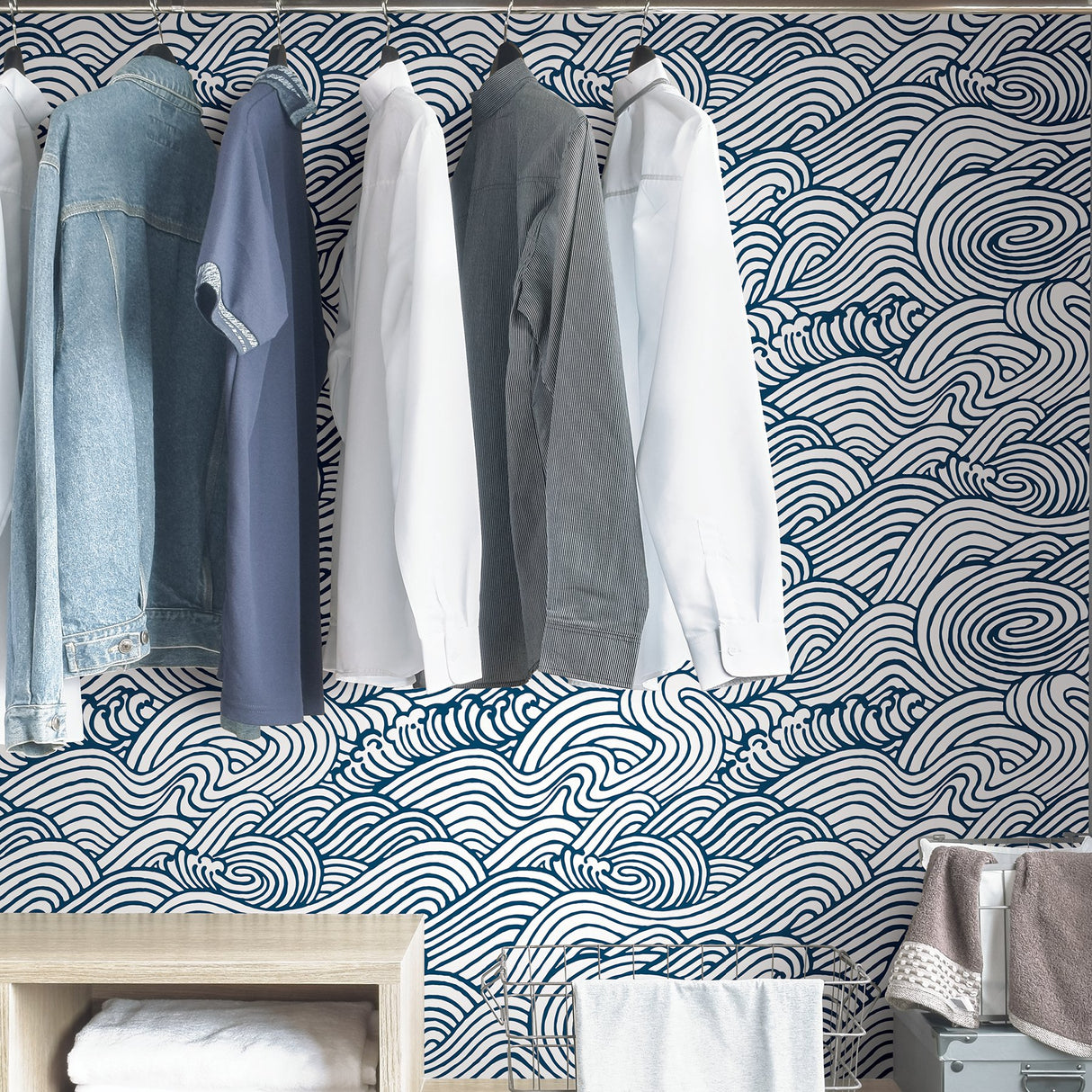 Saybrook Navy Peel & Stick Wallpaper with Modern Ocean Wave Motif - NuWallpaper NUS3562