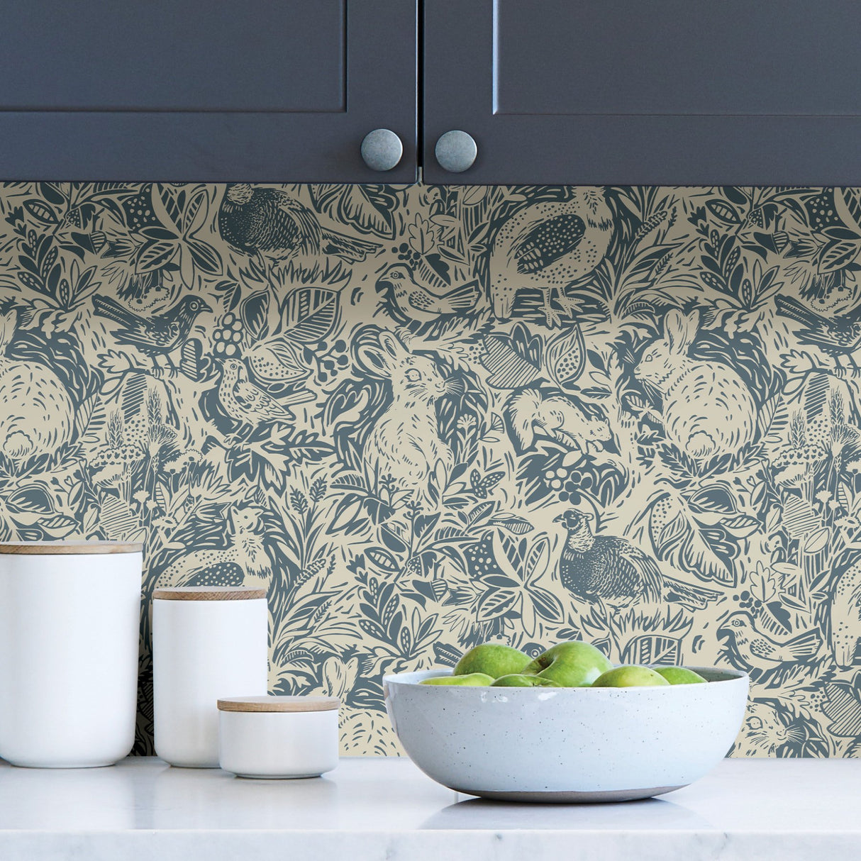 Terrene Blue Peel & Stick Wallpaper with Illustrative Woodland Animal Pattern - NuWallpaper NUS3622