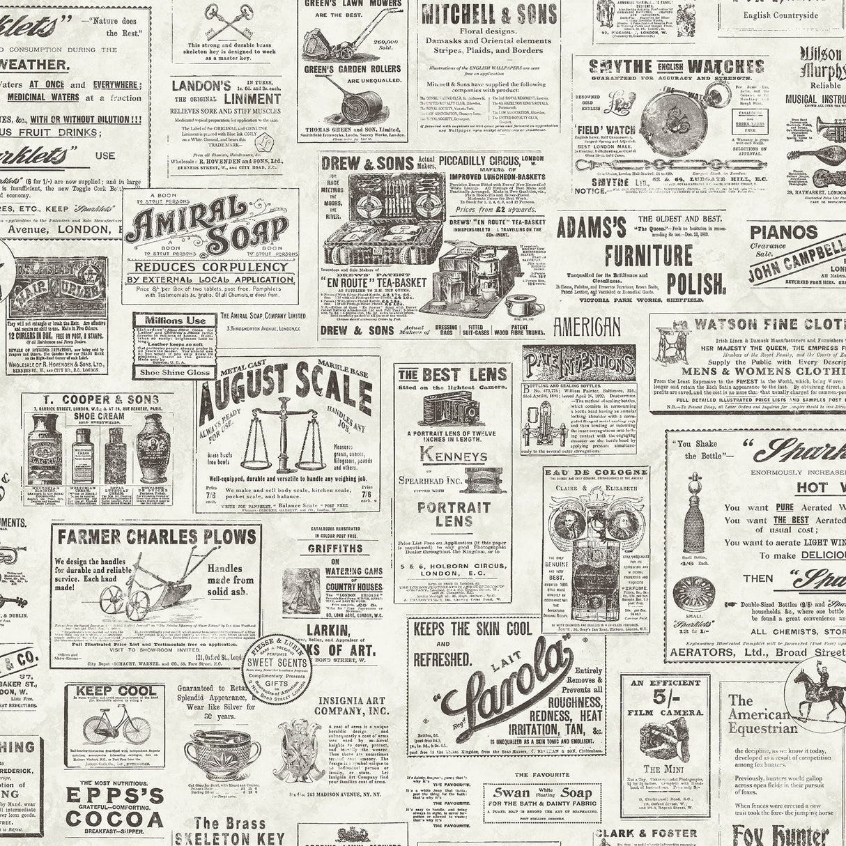 Published Charcoal Peel & Stick Wallpaper with Vintage Newspaper Advertisements - NuWallpaper NUS3626