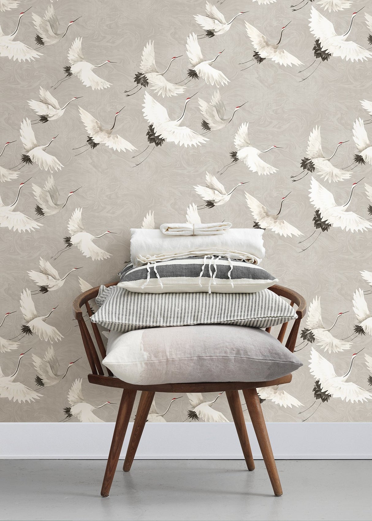 Halcyon Grey Peel & Stick Wallpaper with Hand-Painted White Crane Motif - NuWallpaper NUS3678