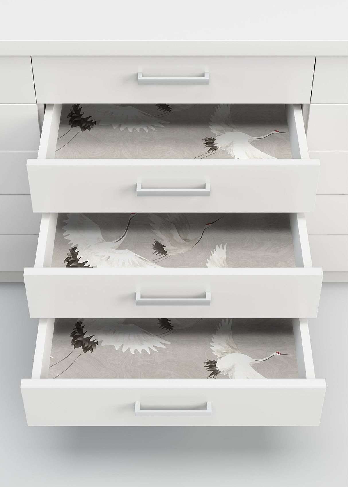 Halcyon Grey Peel & Stick Wallpaper with Hand-Painted White Crane Motif - NuWallpaper NUS3678