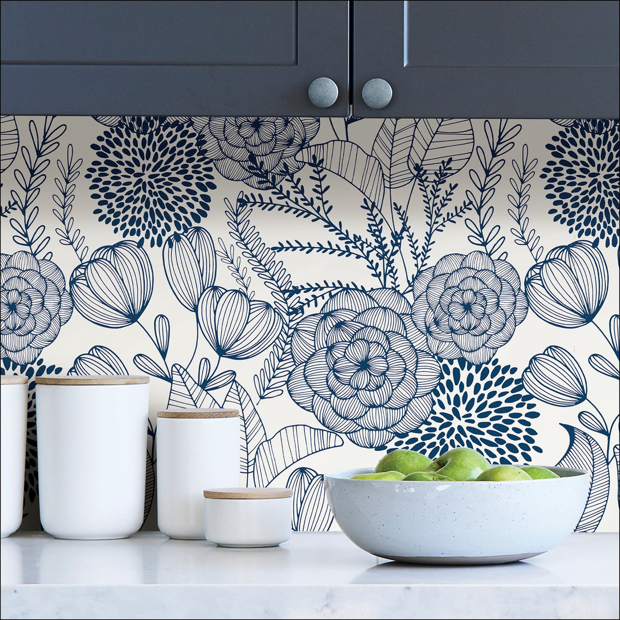 Secret Garden Navy Peel & Stick Wallpaper with Whimsical Botanical Floral Pattern - NuWallpaper NUS3830