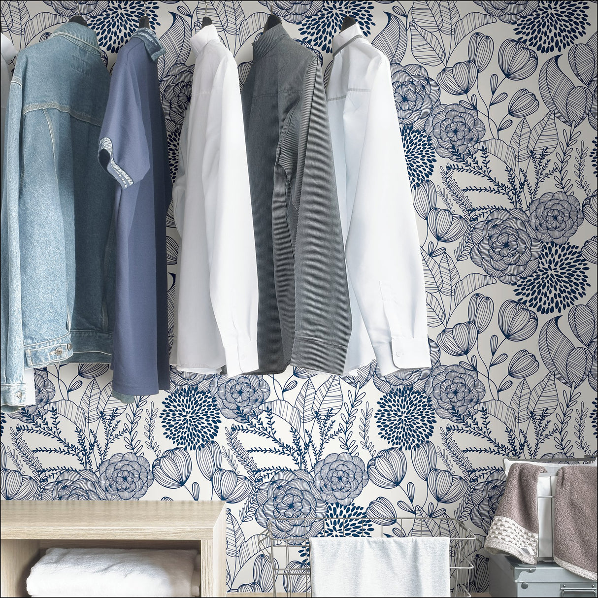 Secret Garden Navy Peel & Stick Wallpaper with Whimsical Botanical Floral Pattern - NuWallpaper NUS3830