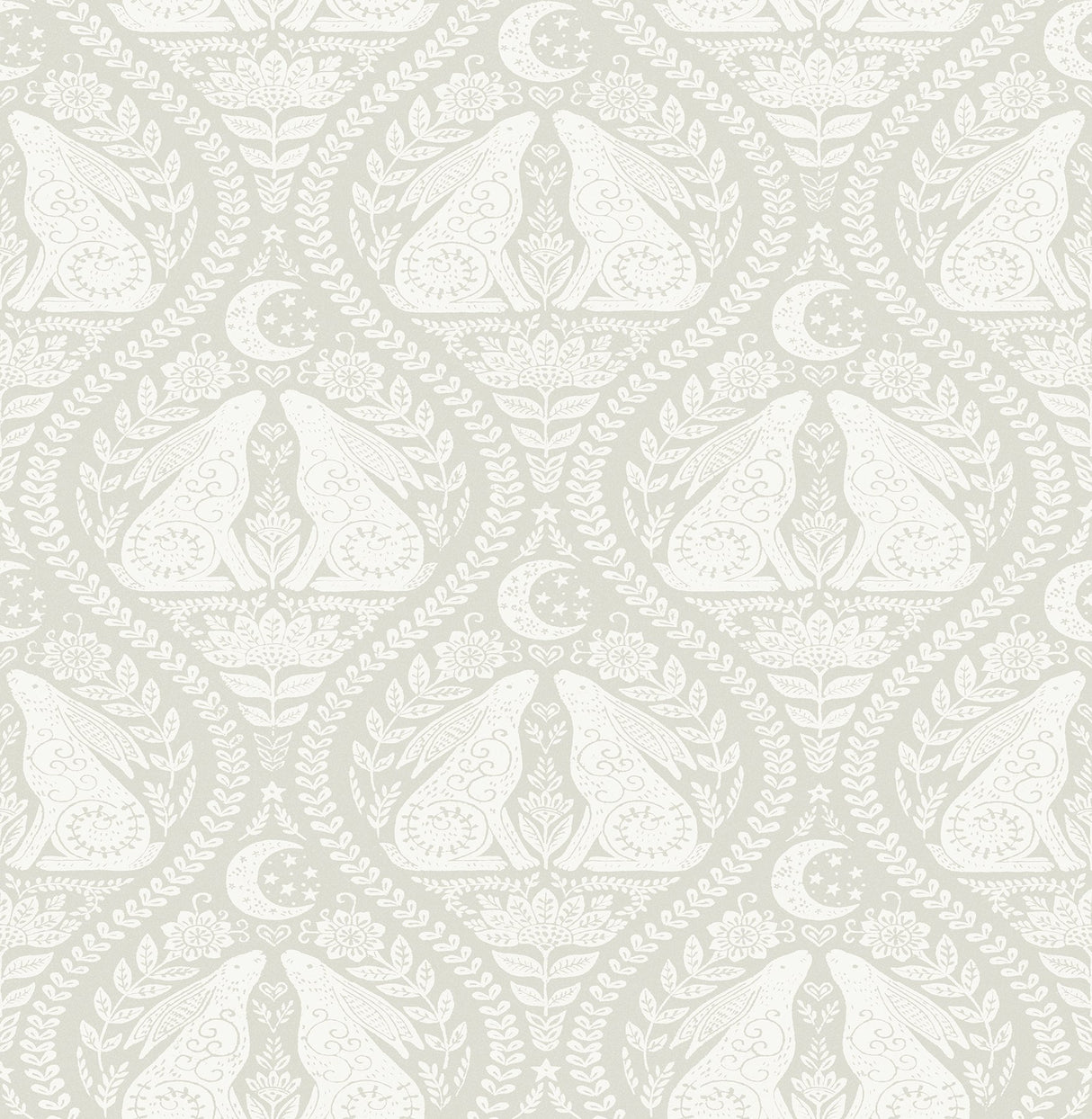 Moon Rabbit Cream Peel & Stick Wallpaper with Taupe Scandi Damask Ogee Pattern - NuWallpaper NUS4010