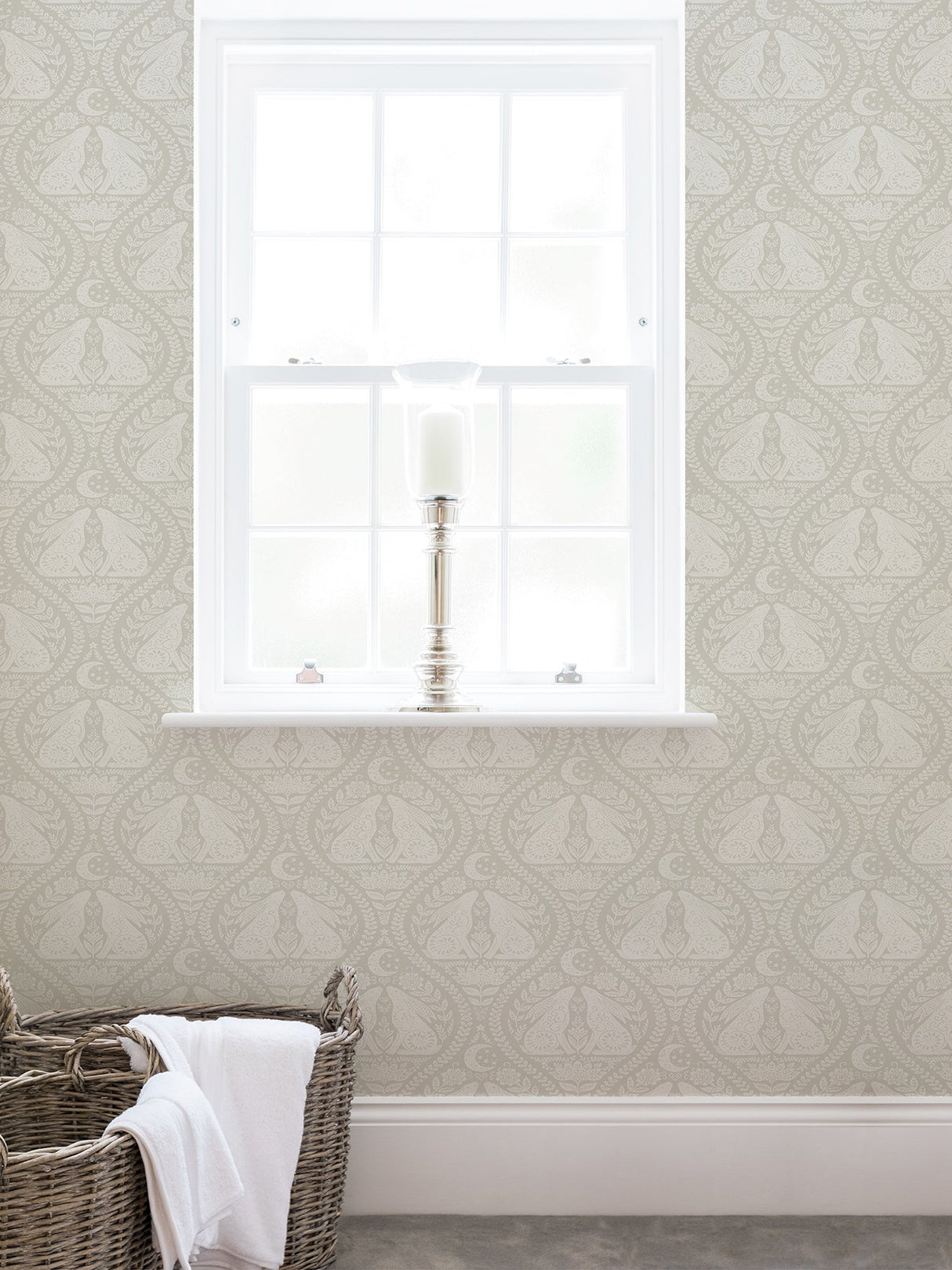 Moon Rabbit Cream Peel & Stick Wallpaper with Taupe Scandi Damask Ogee Pattern - NuWallpaper NUS4010