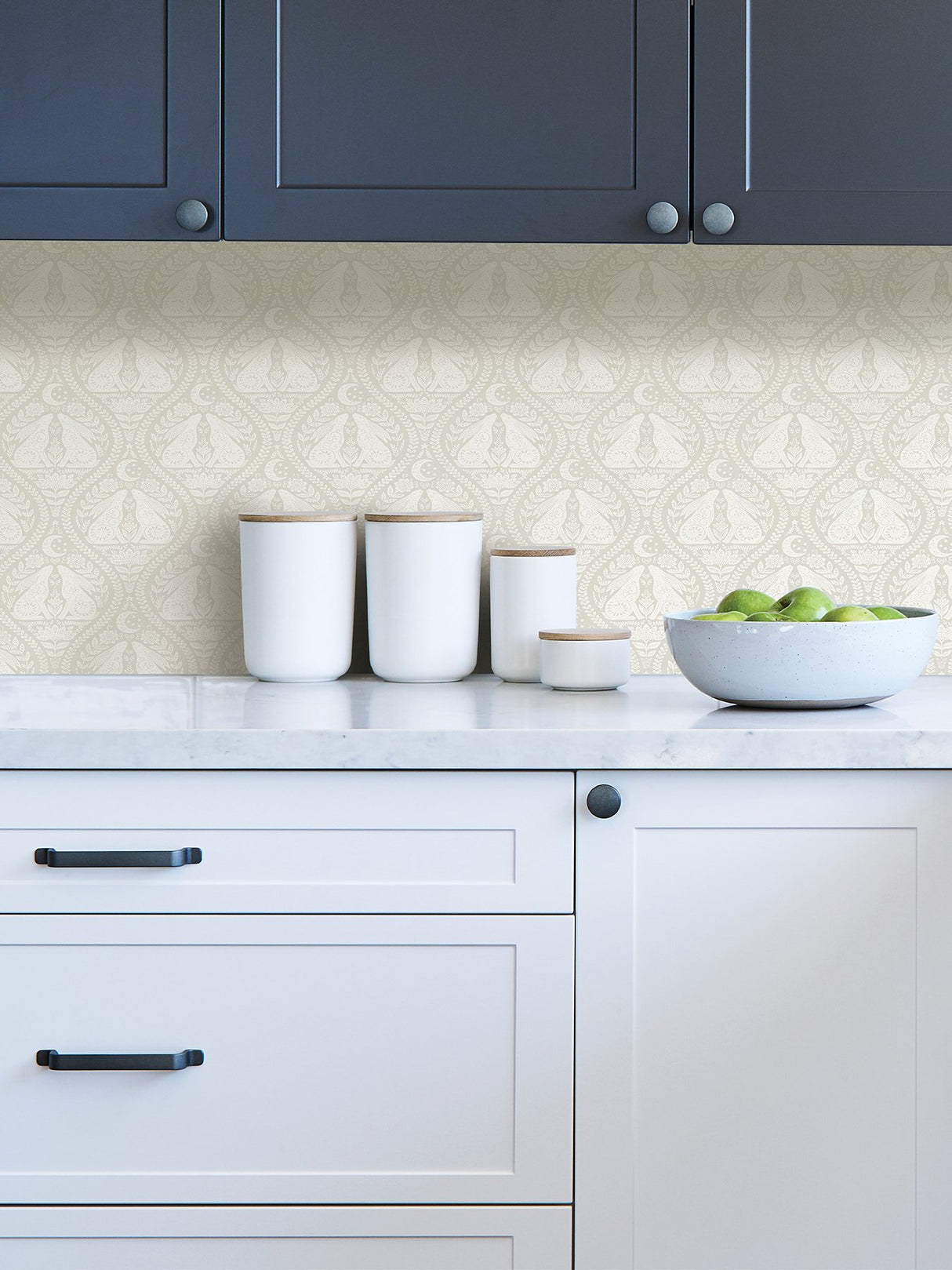 Moon Rabbit Cream Peel & Stick Wallpaper with Taupe Scandi Damask Ogee Pattern - NuWallpaper NUS4010