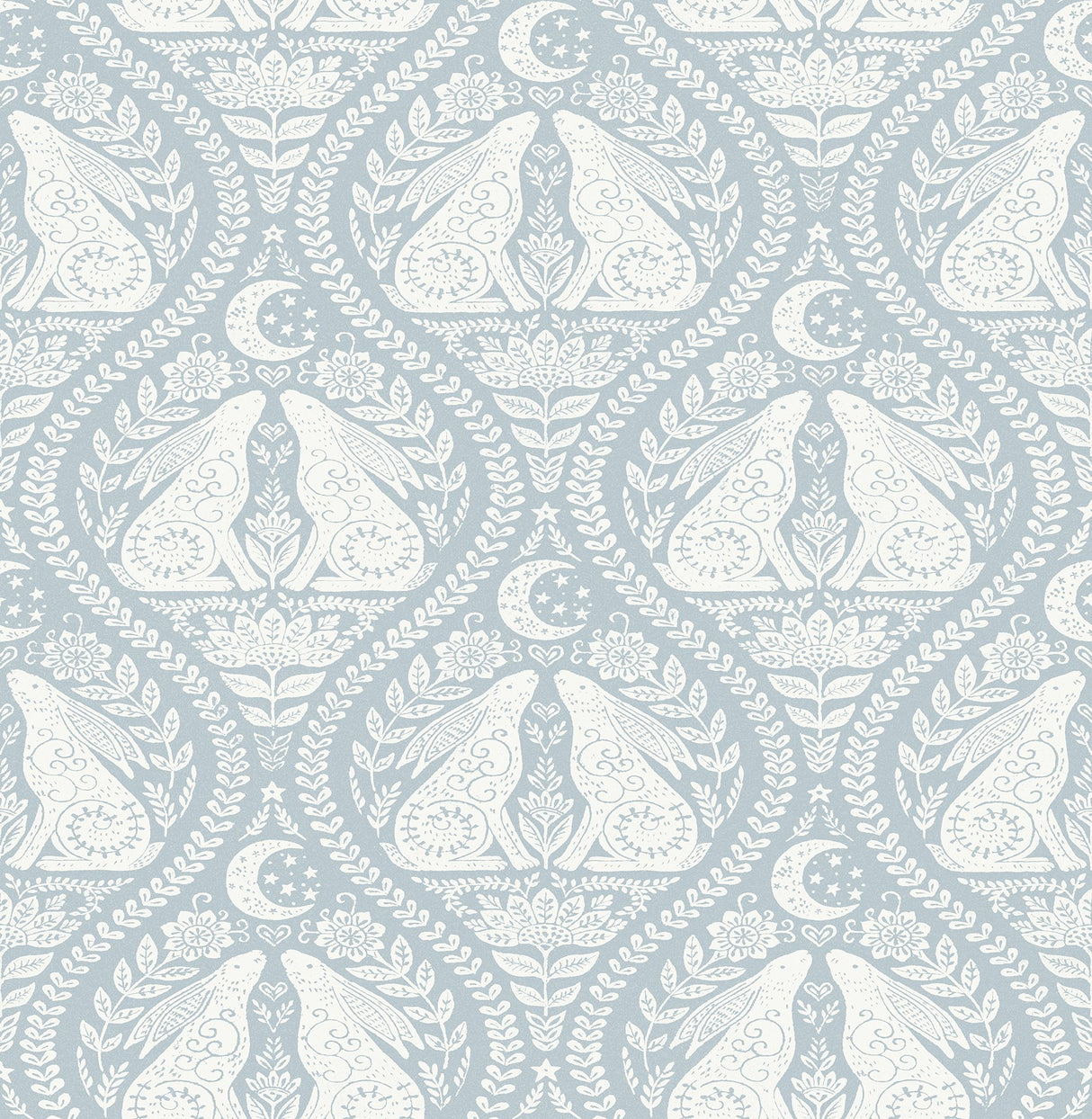 Moon Rabbit Blue Peel & Stick Wallpaper with Scandi Ogee Damask - NuWallpaper NUS4011