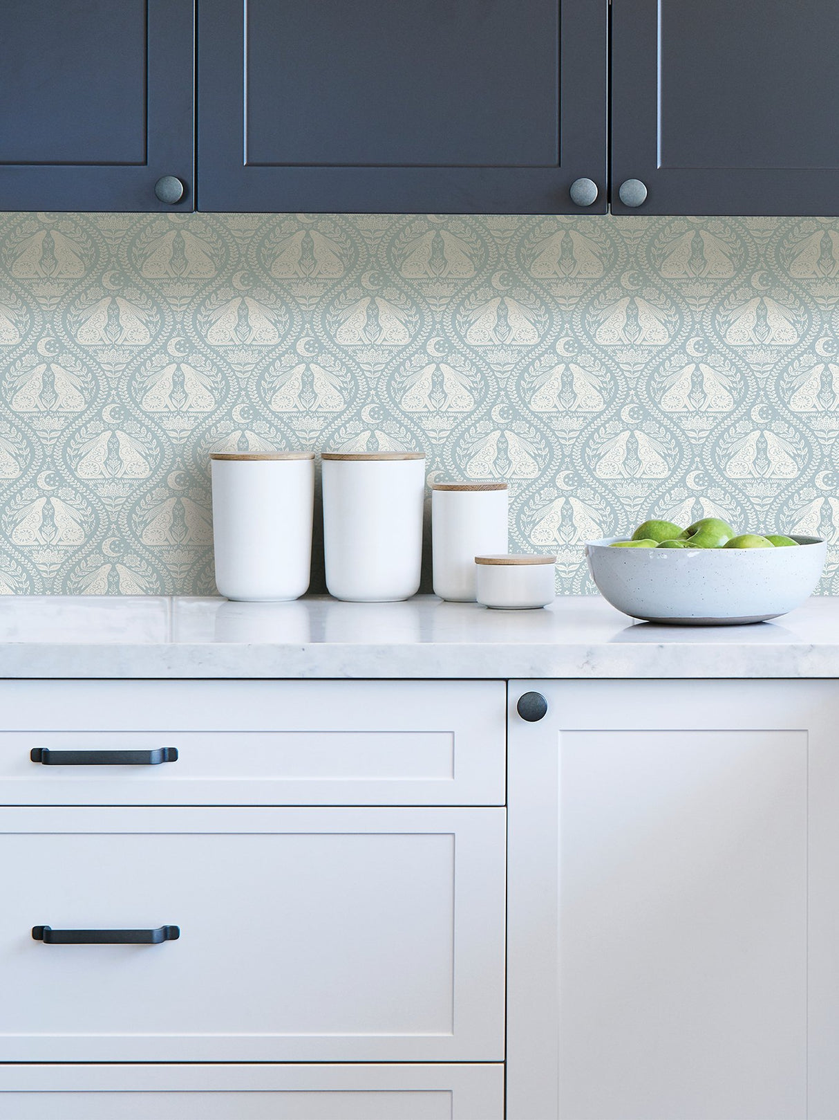 Moon Rabbit Blue Peel & Stick Wallpaper with Scandi Ogee Damask - NuWallpaper NUS4011