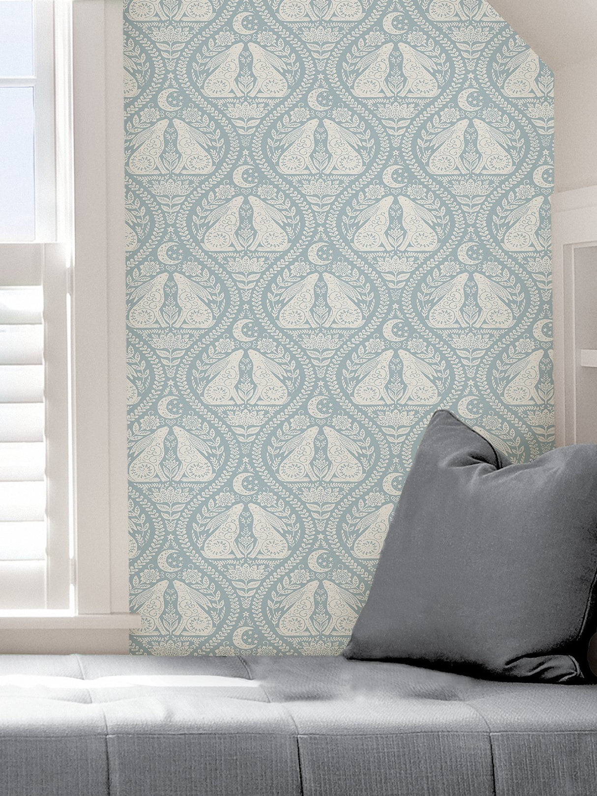 Moon Rabbit Blue Peel & Stick Wallpaper with Scandi Ogee Damask - NuWallpaper NUS4011