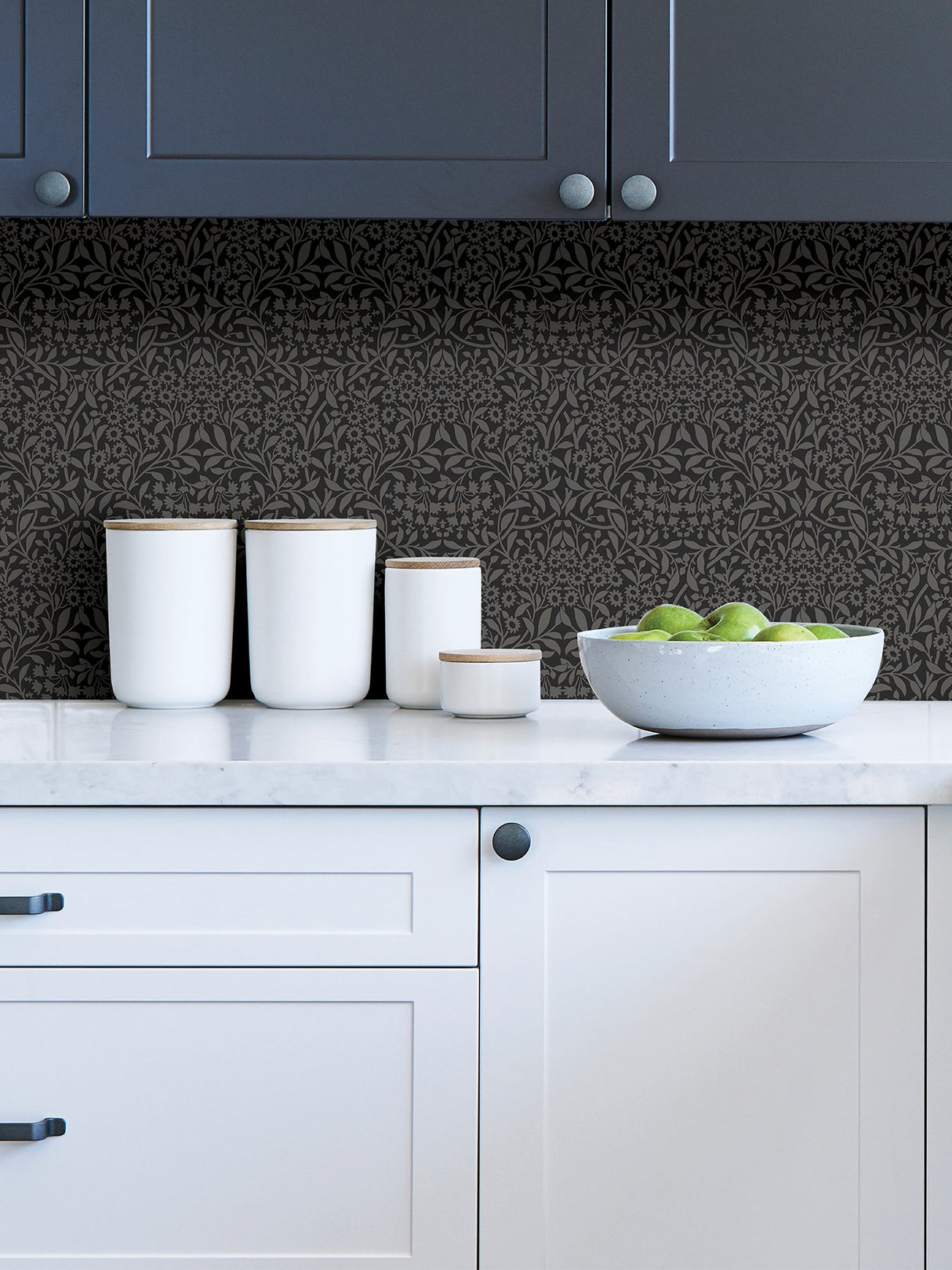 Darcy Charcoal Peel & Stick Wallpaper with Modern Damask Botanical Pattern - Brewster NUS4039