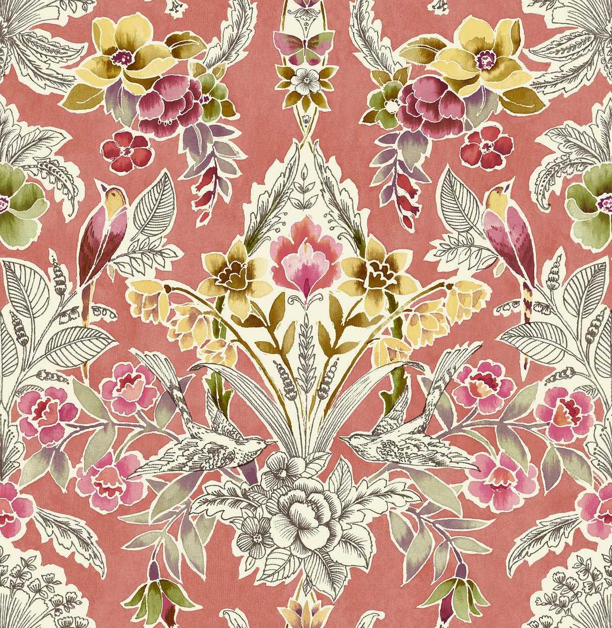 Summer Love Peach Peel & Stick Wallpaper with Vintage Damask Floral & Birds - NuWallpaper NUS4049