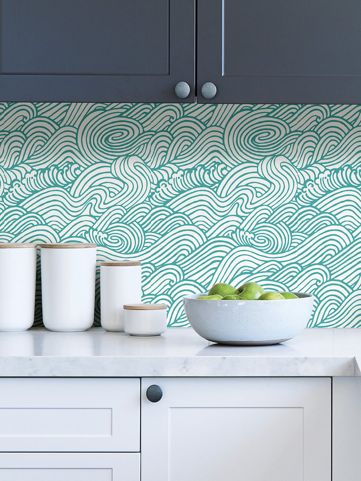 Saybrook Teal Peel & Stick Wallpaper with Coastal Ocean Wave Motif - NuWallpaper NUS4164