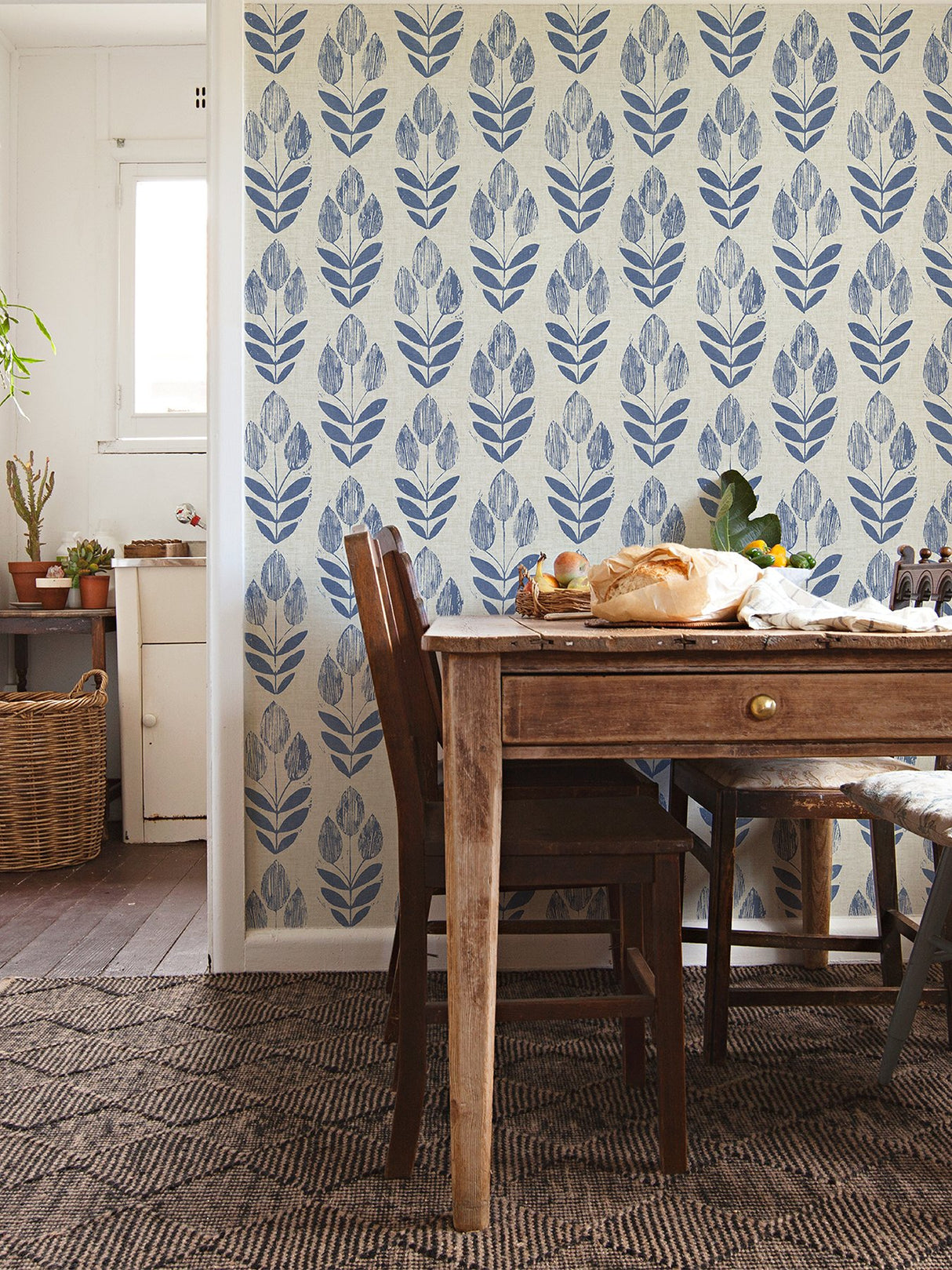 Folk Tulip Blue Peel & Stick Wallpaper with Scandinavian Floral Motif - NuWallpaper NUS4288