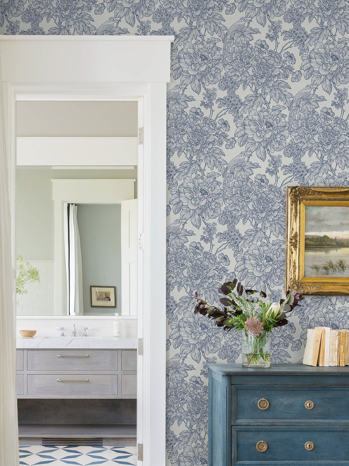 Sudbury Blue Peel & Stick Wallpaper with Vintage Floral and Birds - NuWallpaper NUS4289