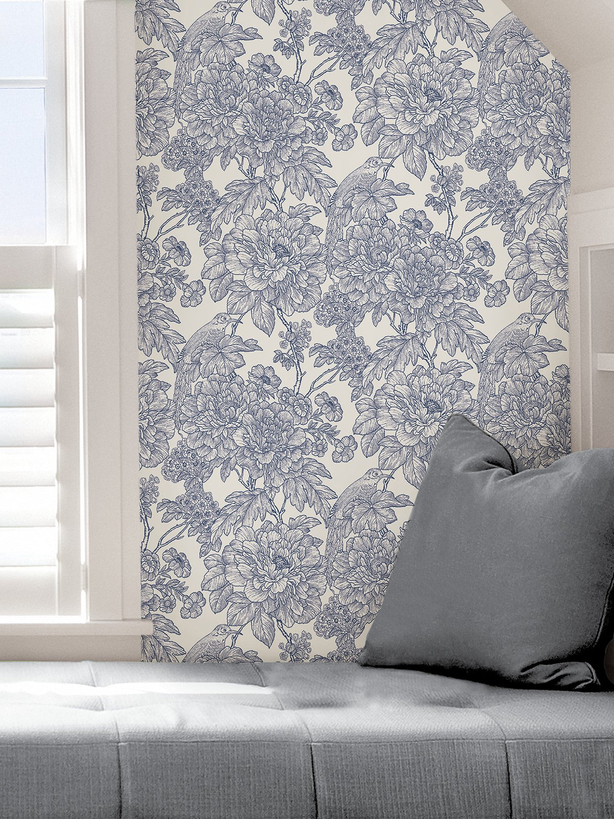 Sudbury Blue Peel & Stick Wallpaper with Vintage Floral and Birds - NuWallpaper NUS4289