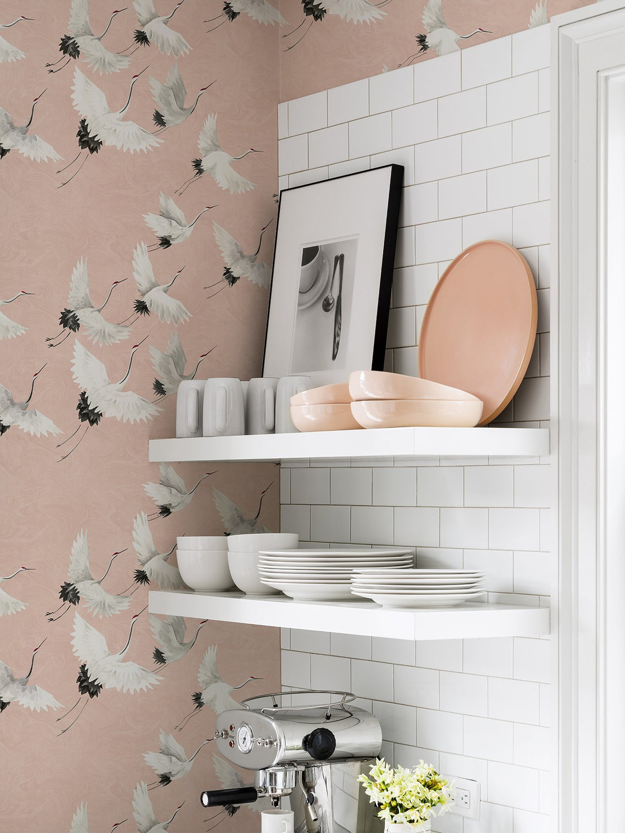 Halcyon Pink Peel & Stick Wallpaper with Whimsical Crane Motif - NuWallpaper NUS4299