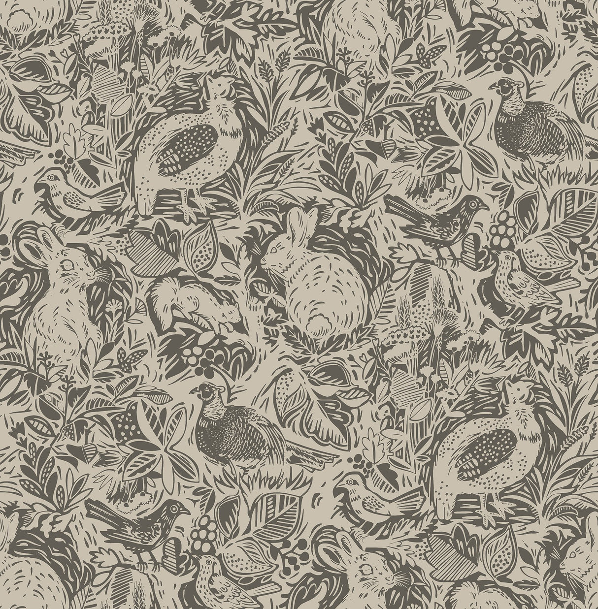 Terrene Charcoal Peel & Stick Wallpaper with Whimsical Novelty Woodland Animals Pattern - NuWallpaper NUS4303