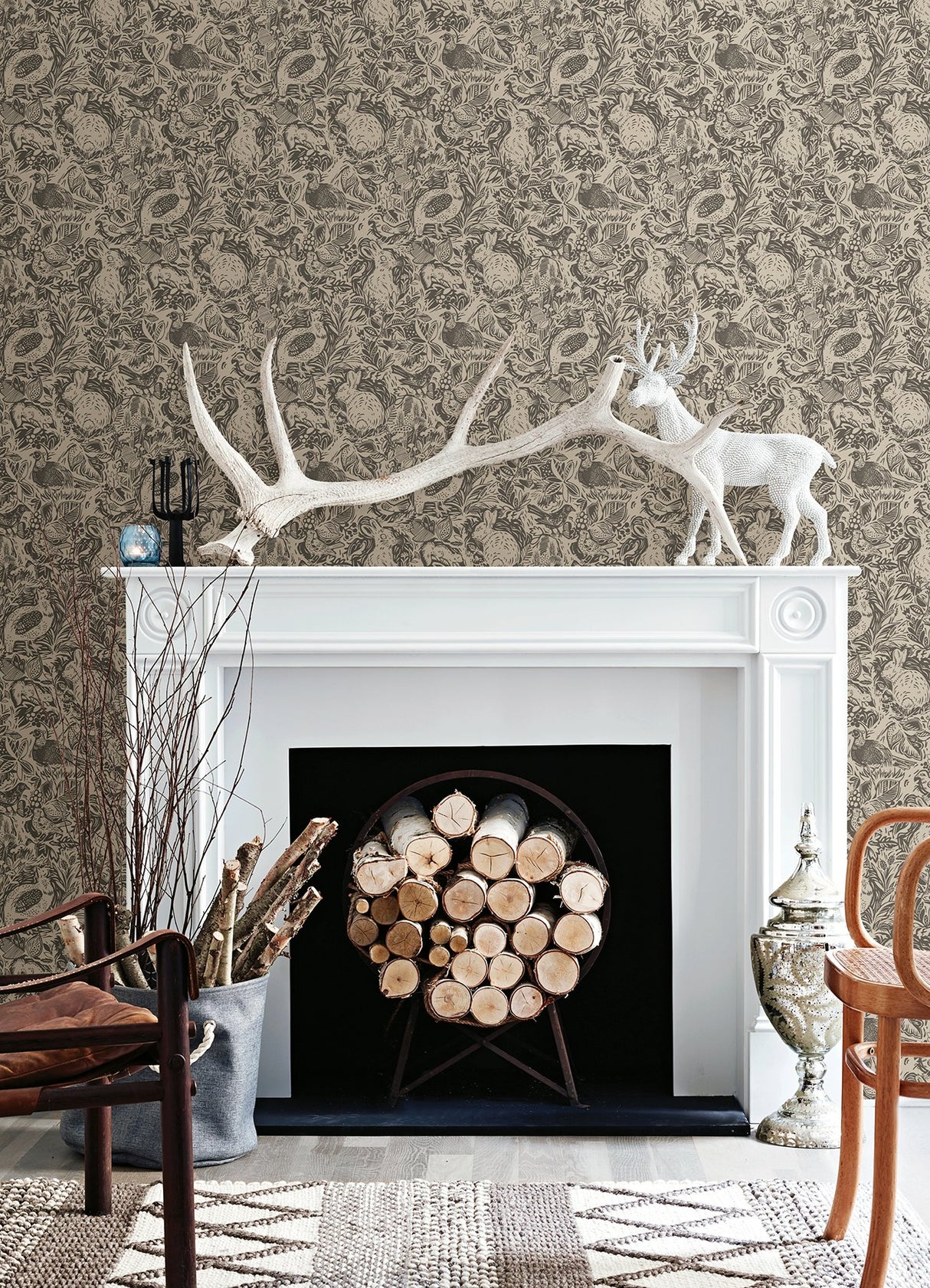 Terrene Charcoal Peel & Stick Wallpaper with Whimsical Novelty Woodland Animals Pattern - NuWallpaper NUS4303