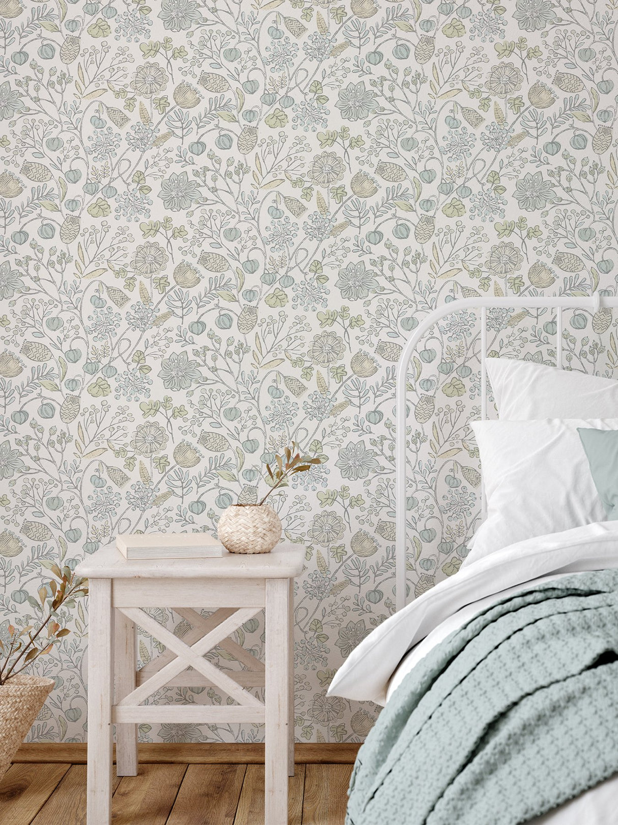 Southern Trail Blue & Green Peel & Stick Wallpaper with Botanical Floral Pattern - NuWallpaper NUS4307