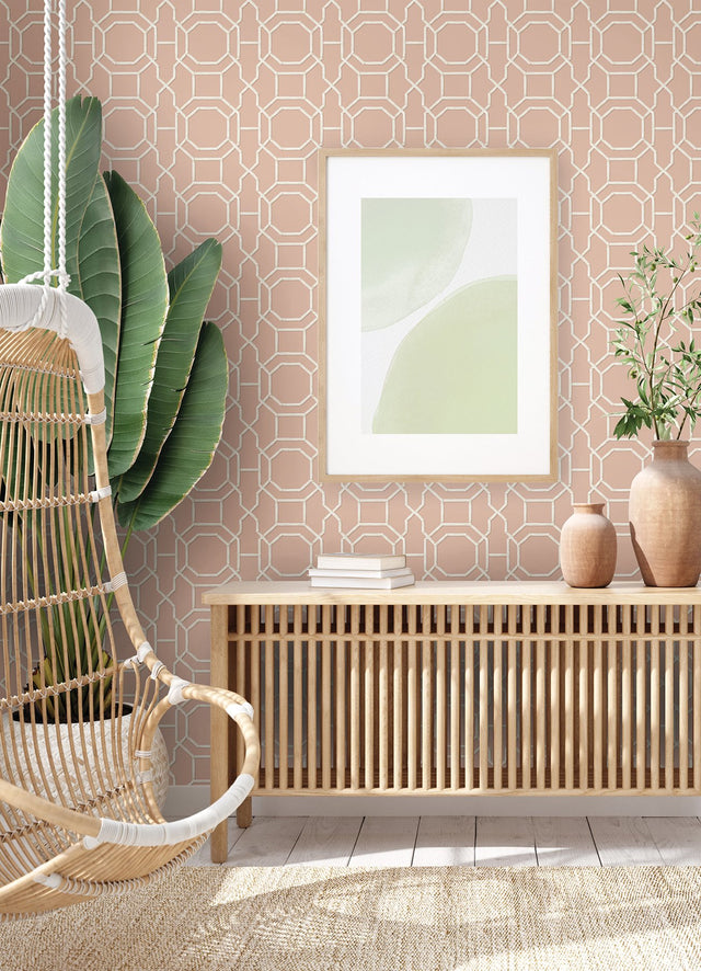 Sanya Salmon Peel & Stick Wallpaper with Geometric Bamboo Trellis - Brewster NUS4311