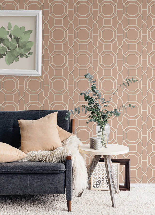 Sanya Salmon Peel & Stick Wallpaper with Geometric Bamboo Trellis - Brewster NUS4311